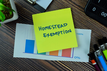 Concept of Homestead Exemption write on sticky notes isolated on Wooden Table.
