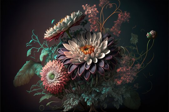  a painting of a bouquet of flowers on a black background with a butterfly on the center of the flower and leaves on the bottom of the picture.  generative ai