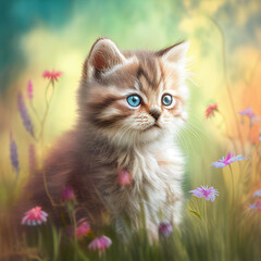 Naklejka na ściany i meble sweet little kitten sits on a colorful meadow, generative AI