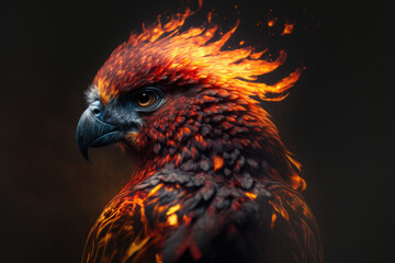 close up of a phoenix bird on fire