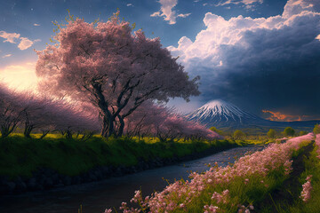 Fototapeta na wymiar Spring background in with mountain and blooming pink sakuras. Generative ai illustration. 