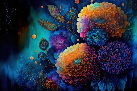  a painting of flowers and leaves on a black background with blue and orange colors and a blue sky in the background with bubbles and bubbles.  generative ai