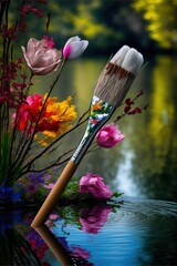  a painting brush sitting on top of a body of water next to a bouquet of flowers and a vase with flowers in it and a reflection in the water.  generative ai
