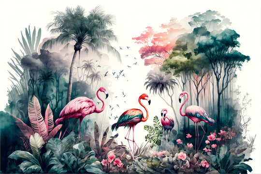 Wallpaper of a natural landscape of rainforests of trees and palms, in consistent colors with birds and flamingos, digital drawing in watercolors
