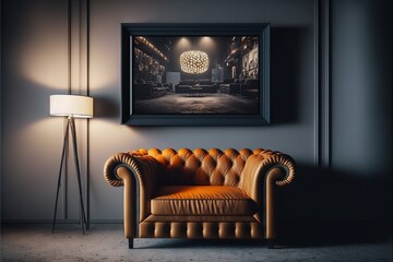  a brown leather couch sitting in a living room next to a lamp and a picture on the wall above it with a lamp on the floor.  generative ai