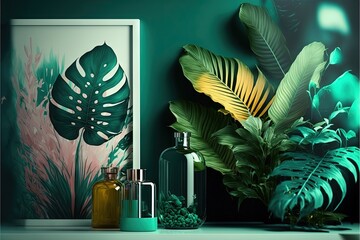  a painting of a green plant and a picture of a green plant on a shelf next to a bottle of perfume and a green plant.  generative ai
