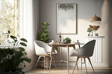  a dining room with a table, chairs, and a plant in the corner of the room with a poster on the wall above it.  generative ai
