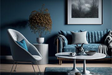  a living room with a blue couch and a white table with a vase on top of it and a blue chair in front of it.  generative ai