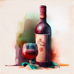 red wine bottle and glass, watercolor for design and interior 