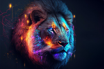  a lion with glowing colors on its face and a black background with a lightening effect of fire and water on its face and a black background with a.  generative ai