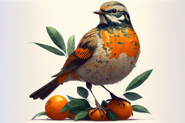  a bird sitting on top of an orange on a branch with leaves and oranges around it on a white background with a white border.  generative ai