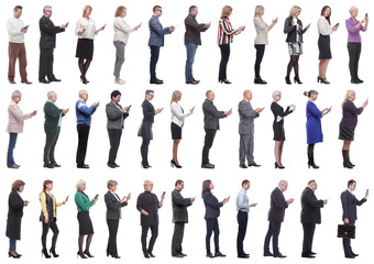 group of people profile holding phone in hand isolated