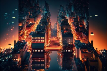  a city at night with a reflection of the lights on the water and buildings in the foreground, and a reflection of the city lights on the water.  generative ai