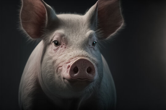 Pig portrait closeup view. Animal husbandry. Confident purposeful Pig looking away. Farmland animal. generative AI

