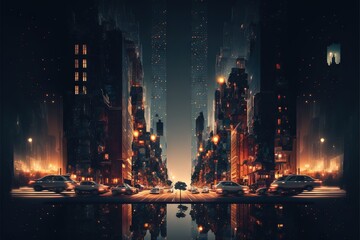  a night scene of a city street with a lot of traffic and tall buildings in the background with a reflection of the street lights in the water.  generative ai