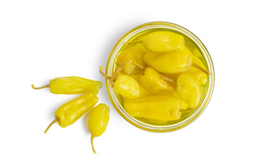 Pickled yellow pepper, pepperoncini or friggitelli in bowl isolated on white background. Hot pepper marinated, brined. Traditional Italian and greek cuisine, ingredient for salad, pasta, sauce.