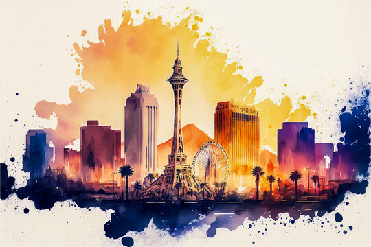Watercolor Painting of Las Vegas Strip Skyline Sunset Wall Art Wallpaper of City 