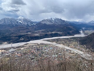 Aerial view of the city of Tolmezzo, Friuli Venezia Giulia, Italy.
