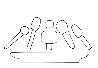 Many different microphones on the table, tribune during the press conference, interview. Freehand drawing. Doodle. Hand Drawn. Outline.	