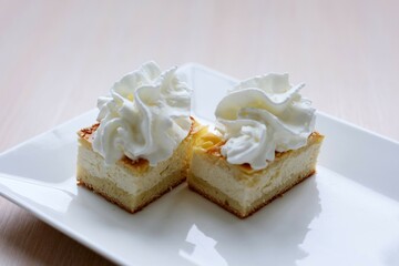 two cakes on a white plate with whipped cream on top delicious dessert curd filling cheesecake cottage cheese pie useful and appetizing there is a place for menu text High quality photo
