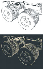 Tandem truck axle suspension close up - obrazy, fototapety, plakaty