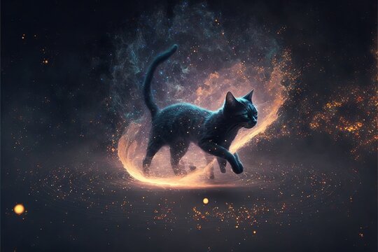  a black cat is running through a space filled with stars and dust, with a black background and a yellow and orange light behind it.  generative ai