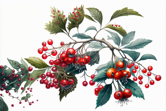  a painting of berries and leaves on a branch with green leaves and red berries on the branch with green leaves and red berries on the branch.  generative ai