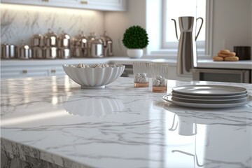  a kitchen counter with plates and bowls on it and a vase on the counter top in the background with a vase on the countertop.  generative ai