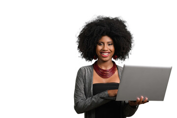 Obraz na płótnie Canvas woman holding laptop computer typing on keyboard looking at camera, afro woman 