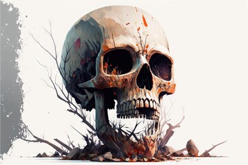  a painting of a skull with a tree branch in the foreground and rocks in the foreground, and a white background with a white background.  generative ai