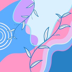 Blue background, cold colors, minimalist nature, modern, doodles, leaves, flowers in motion