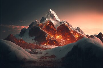  a mountain with a lot of snow on it and a red light coming from the top of the mountain in the distance is the sun.  generative ai