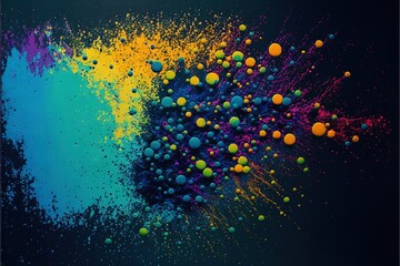 a large amount of colored powder sprinkles on a black background with a blue and yellow background and a blue and yellow background.  generative ai