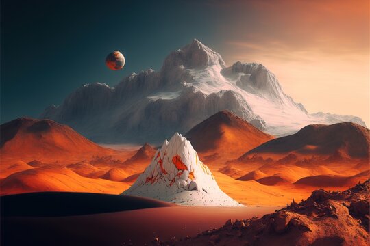  a painting of a mountain in the desert with a red fox on the top of it and a red fox on the bottom of the mountain. generative ai © Anna
