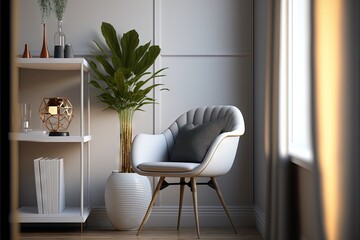  a white chair and a book shelf with a plant in it in a room with a window and a bookcase on the side of the wall.  generative ai