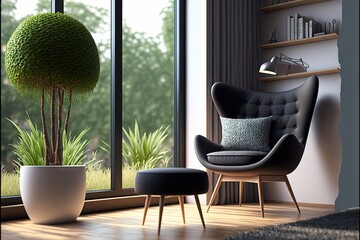  a living room with a chair, ottoman and a potted plant in the corner of the room, and a large window with a view of the outside.  generative ai