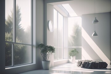  a room with a large window and a potted plant on the floor next to a window sill with a view of the trees outside.  generative ai