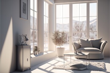 Obraz na płótnie Canvas a living room with a couch, table, and a window with a view of a snowy mountain outside the window and a plant in the corner of the room. generative ai