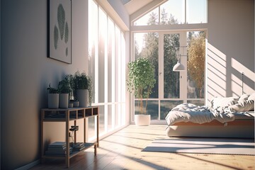  a room with a bed, a table, and a window with a view of the trees outside the window and a plant on the side of the bed.  generative ai