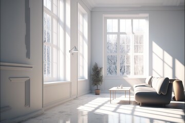 Naklejka na ściany i meble a living room with a couch and a table in front of a large window with a view of the snow covered trees outside of the window. generative ai