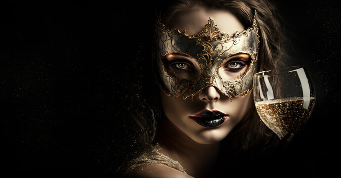 Sexy model woman with glass of champagne wearing venetian masquerade mask black and gold makes eye contact. Cosplay, Venetian mask. Mardi Gras Mask, AI generative
