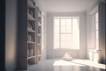  a room with a book shelf and a candle in the middle of the room with the sun coming through the window and the bookshelves on the wall.  generative ai