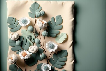  a pillow with paper flowers and leaves on a green background with a light blue wall in the background and a light green wall in the background.  generative ai