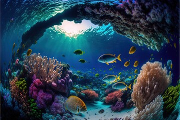  a group of fish swimming around a coral reef in a blue ocean with sunlight coming through the water's arch and a coral reef in the foreground.  generative ai
