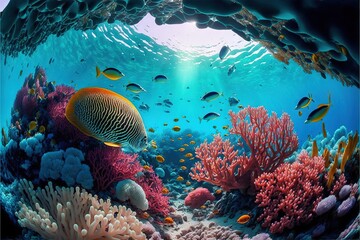  a painting of a coral reef with a large fish swimming in the water near the corals and corals on the bottom of the water.  generative ai