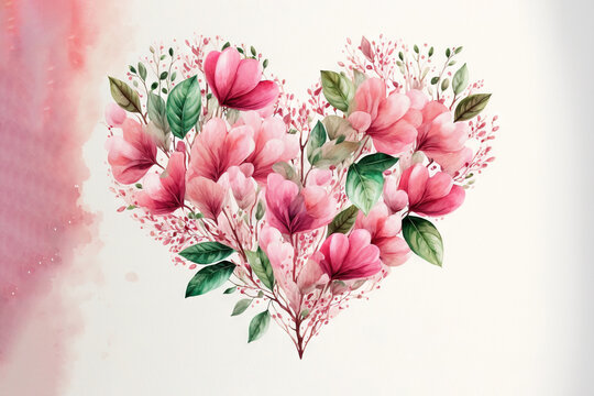  a painting of pink flowers in a heart shape with green leaves and pink flowers on a white background with a pink watercolor effect behind.  generative ai
