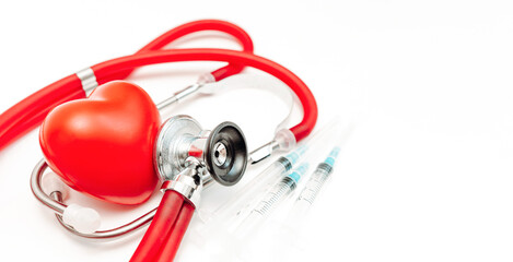 Heart stethoscope syringe. On white background, heart health, health insurance concept