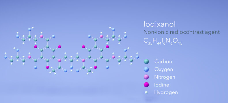 iodixanol molecule, molecular structures, c35h44i6n6o15, 3d model, Structural Chemical Formula and Atoms with Color Coding