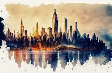 Watercolor Painting of New York City Wall Art Wallpaper of City Skyline 