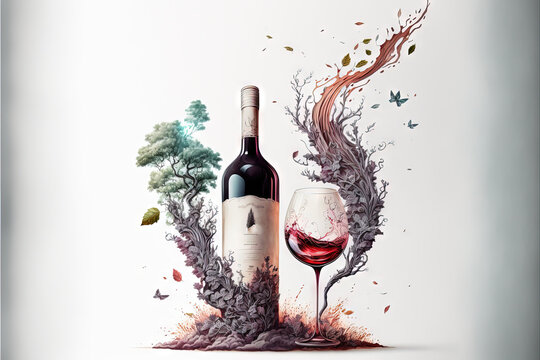  a bottle of red wine and a glass of wine are on a white background with a tree and a bird in the middle of the image.  generative ai